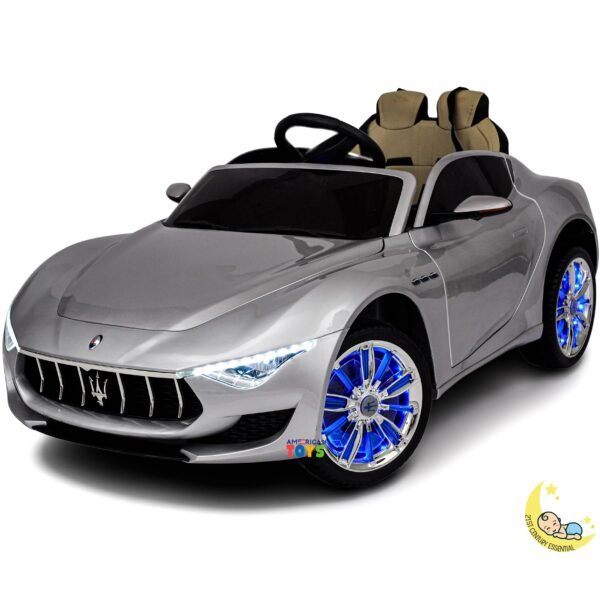 Maserati Kids Electric Car with LCD Display, LED wheels, Open Hood - Silver  21stcenturyessential