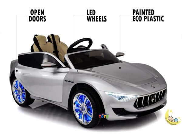 Maserati Kids Electric Car with LCD Display, LED wheels, Open Hood - Silver  21stcenturyessential