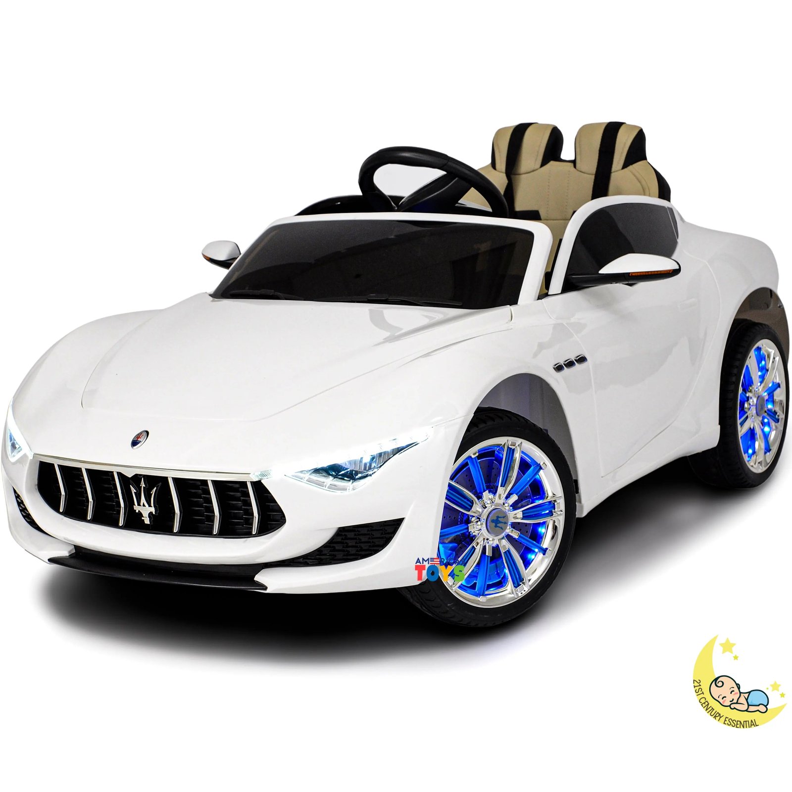 Maserati Kids Ride On Car with MP4 Player, LED wheels, Open Hood - White  21stcenturyessential