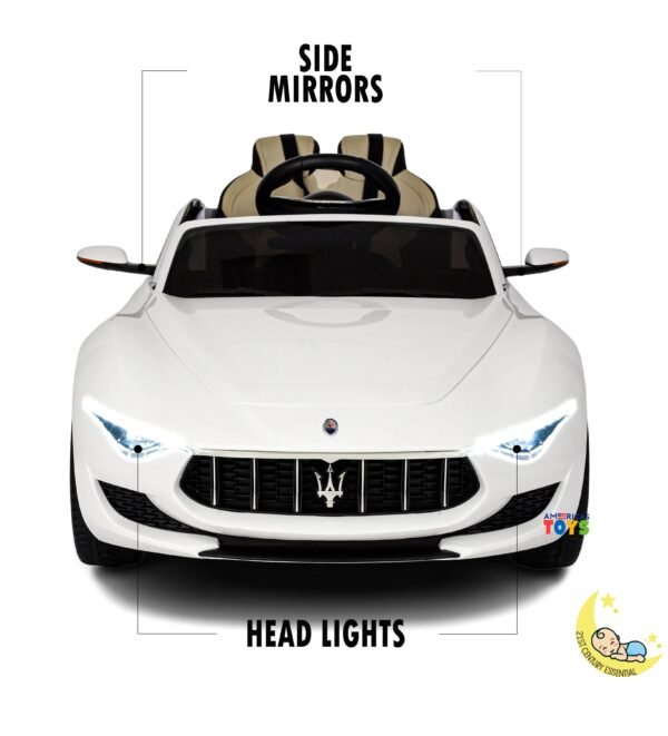 Maserati Kids Ride On Car with MP4 Player, LED wheels, Open Hood - White  21stcenturyessential