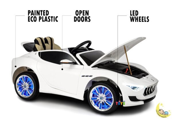 Maserati Kids Ride On Car with MP4 Player, LED wheels, Open Hood - White  21stcenturyessential