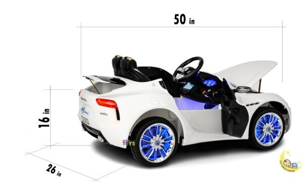 Maserati Kids Ride On Car with MP4 Player, LED wheels, Open Hood - White  21stcenturyessential