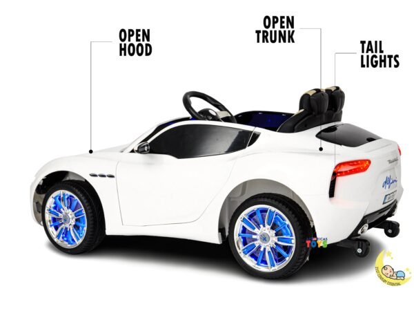 Maserati Kids Ride On Car with MP4 Player, LED wheels, Open Hood - White  21stcenturyessential