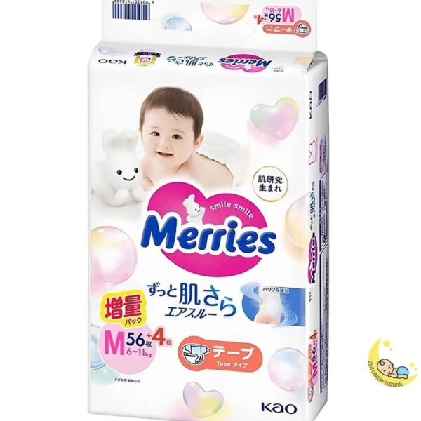 Merries Unisex Medium Size Baby Diapers, 56+4 Count, Ultra-Soft, Breathable, and Chemical-Free  21stcenturyessential